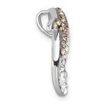 The Presco/Quality Gold Crystal Grey Dolphin Pendant features a curved sterling silver design with brown and clear crystals along the top edge, blending elegance with tarnish resistance.