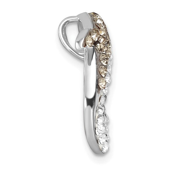 The Presco/Quality Gold Crystal Grey Dolphin Pendant features a curved sterling silver design with brown and clear crystals along the top edge, blending elegance with tarnish resistance.