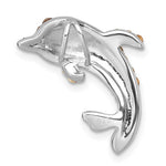 The Crystal Grey Dolphin Pendant by Presco/Quality Gold features a leaping dolphin in sterling silver with 925 engraving. Tarnish-resistant, this shiny jewelry piece gleams beautifully against a white background.