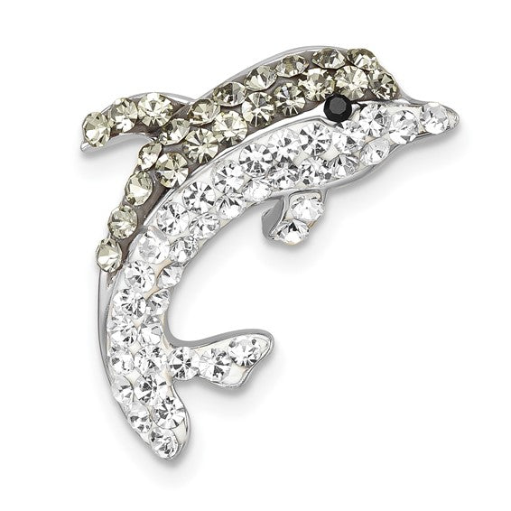 The Presco/Quality Gold Crystal Grey Dolphin Pendant features a tarnish-resistant finish and is accented with clear and light yellow crystals plus a black stone eye for sparkling, elegant charm.