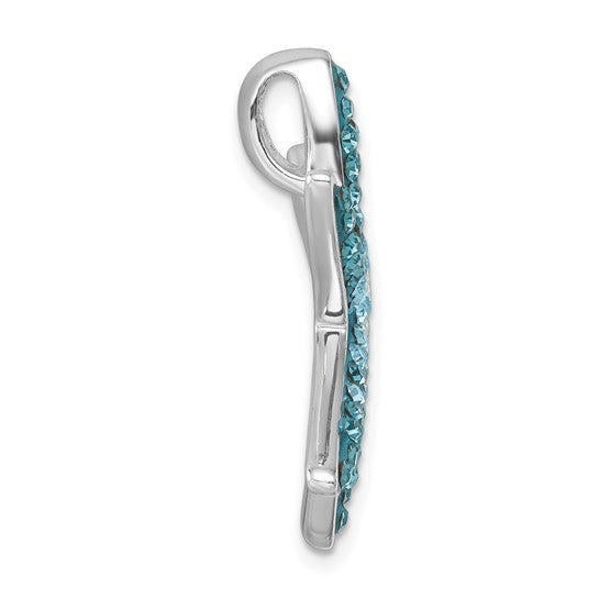 Side view of the Crystal Blue Starfish Pendant by Presco/Quality Gold, crafted in sterling silver with a curved, polished finish and a front row of small round blue crystals. Features a loop for attaching to your favorite chain.