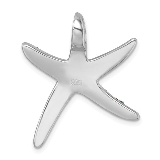 The Crystal Blue Starfish Pendant by Presco/Quality Gold is an elegant sterling silver piece with smooth, polished surfaces and a 925 engraving, featuring a top loop for easy necklace attachment.