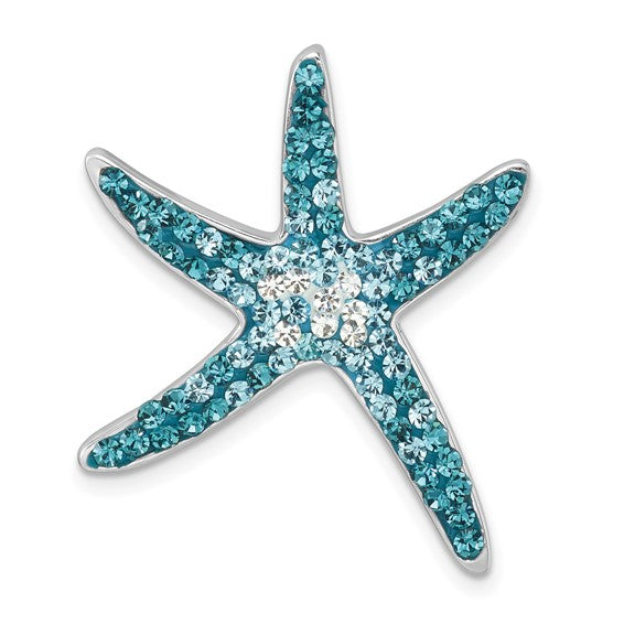 The Presco/Quality Gold Crystal Blue Starfish Pendant features a silver starfish shape embellished with sparkling blue and white gemstones.