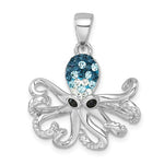 The Presco/Quality Gold Crystal Octopus Pendant features a blue and white crystal-encrusted head, black gemstone eyes, and detailed curling tentacles—an eye-catching sterling silver piece of crystal jewelry.