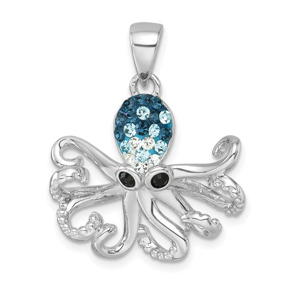 The Presco/Quality Gold Crystal Octopus Pendant features a blue and white crystal-encrusted head, black gemstone eyes, and detailed curling tentacles—an eye-catching sterling silver piece of crystal jewelry.