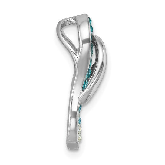 The Presco/Quality Gold Crystal Single Flip Flop Pendant is a sleek, modern sterling silver piece with a twisting abstract design and a row of blue gemstones along one edge, finished with a smooth polish.