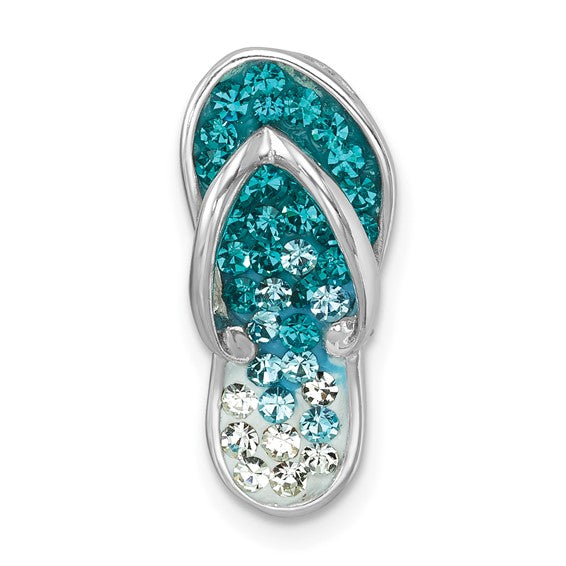 The Presco/Quality Gold Crystal Single Flip Flop Pendant features sparkling blue, teal, and clear crystals set in shiny silver metal for a playful, eye-catching look.