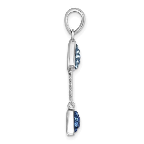 Side view of the Crystal Movable Bonefish Pendant by Presco/Quality Gold, crafted in sterling silver with two linked segments, each adorned with small blue Swarovski crystals. Features a top loop for attaching to a chain.
