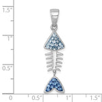 The Presco/Quality Gold Crystal Movable Bonefish Pendant is a sterling silver fish skeleton with blue Swarovski crystal-studded head and tail, displayed on a grid with inch markings.
