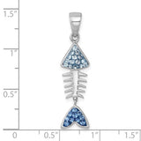 The Presco/Quality Gold Crystal Movable Bonefish Pendant is a sterling silver fish skeleton with blue Swarovski crystal-studded head and tail, displayed on a grid with inch markings.