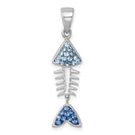 The Crystal Movable Bonefish Pendant by Presco/Quality Gold features a sterling silver skeletal fish spine with Swarovski crystals—light blue on the head and dark blue on the tail—for an elegant, ocean-inspired style.