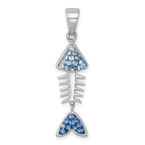 The Crystal Movable Bonefish Pendant by Presco/Quality Gold features a sterling silver skeletal fish spine with Swarovski crystals—light blue on the head and dark blue on the tail—for an elegant, ocean-inspired style.