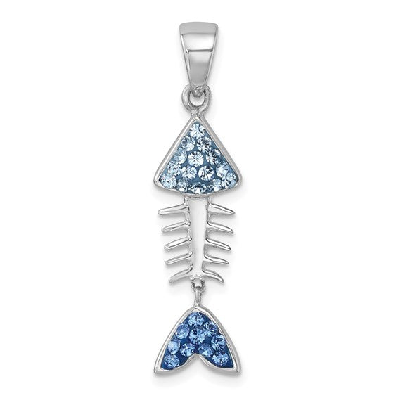 The Crystal Movable Bonefish Pendant by Presco/Quality Gold features a sterling silver skeletal fish spine with Swarovski crystals—light blue on the head and dark blue on the tail—for an elegant, ocean-inspired style.