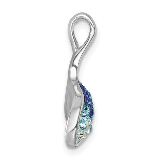 The Presco/Quality Gold Crystal Blue Mermaid Tail Pendant showcases a twisted sterling silver design with sparkling blue and light blue Swarovski crystals set vertically on one side.