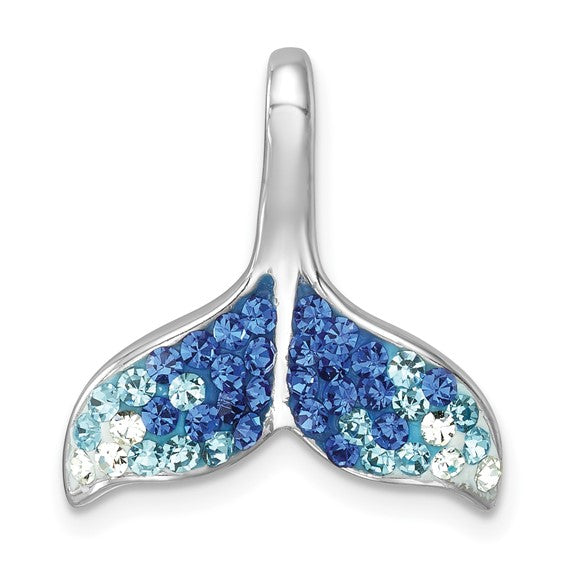 The Crystal Blue Mermaid Tail Pendant by Presco/Quality Gold features a sterling silver design adorned with blue, teal, and white gemstones for a sparkling, ocean-inspired look reminiscent of Swarovski crystal brilliance.