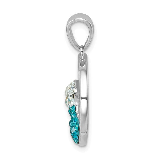 Side view of the Presco/Quality Gold Crystal Wave Whitecap Pendant in tarnish-resistant sterling silver, featuring blue and clear gemstones, displays the pieces thickness and the attachment loop at the top.