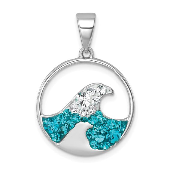 The Crystal Wave Whitecap Pendant by Presco/Quality Gold is a round sterling silver pendant featuring a wave and seagull motif with blue and clear crystals in a tarnish-resistant, elegant design.