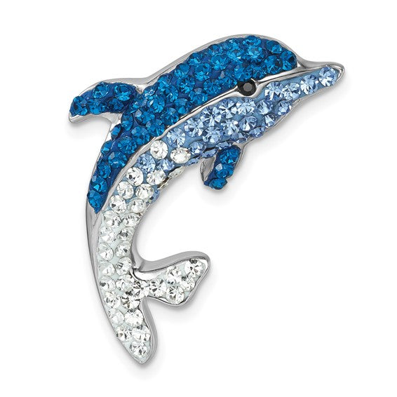 The Presco/Quality Gold Crystal Large Dolphin Pendant features blue, light blue, and clear crystals that create a stunning shimmering gradient along its body and fins.