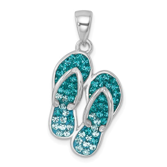 The Presco/Quality Gold Crystal Double Flip Flop Pendant is shaped like sandals, adorned with blue and light blue crystals, and includes a top loop for easy attachment to a necklace.