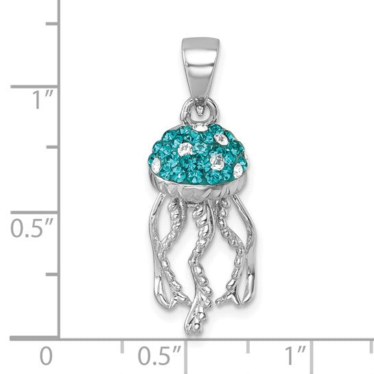 The Presco/Quality Gold Crystal Jellyfish Pendant features a turquoise gemstone body and textured sterling silver tentacles, shown on a white background with a grid indicating the pendant is approximately 1 inch tall.