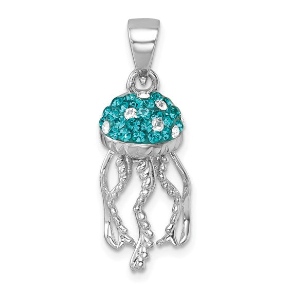 The Presco/Quality Gold Crystal Jellyfish Pendant features a dome-shaped head with blue and white gemstones and intricate silver tentacles, crafted in sterling silver for a stunning look.