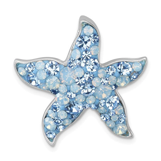 The Crystal Blue & Clear Starfish Pendant by Presco/Quality Gold glistens with light blue and iridescent crystals in a shiny silver outline, capturing elegant ocean-inspired charm.