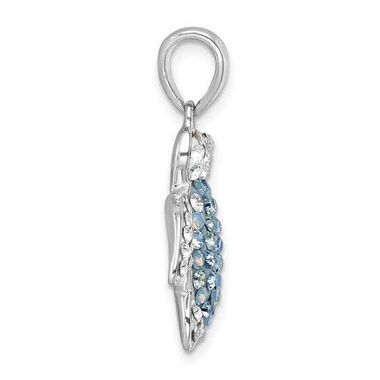 Side view of the Presco/Quality Gold Crystal Blue/Clear Turtle Pendant, featuring sparkling blue and clear crystals and a large silver loop at the top—an elegant sterling silver jewelry piece perfect for any necklace chain.