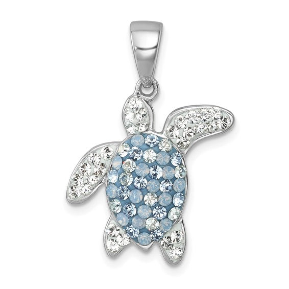 The Presco/Quality Gold Crystal Blue/Clear Turtle Pendant features white and light blue gemstones on its shell and limbs, adding elegant crystal jewelry charm against a white background.