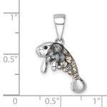 The Presco/Quality Gold Crystal Manatee Pendant, featuring sparkling Swarovski crystal and gray rhinestones in sterling silver, is shown against a ruler displaying inch measurements.