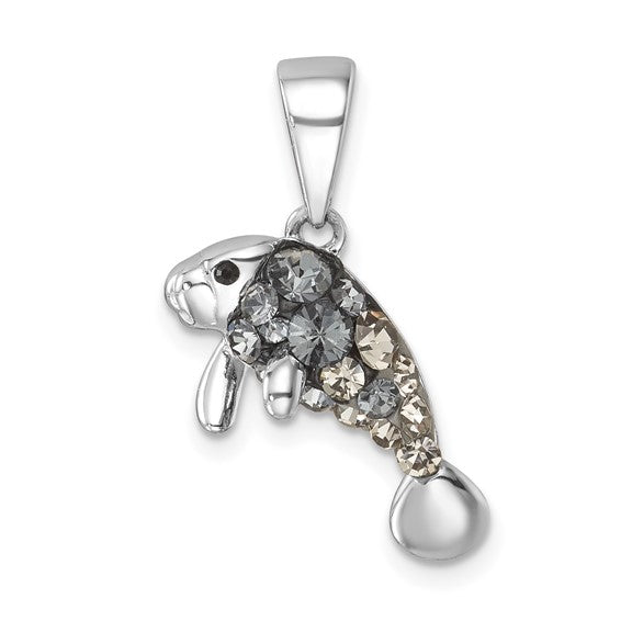 The Presco/Quality Gold Crystal Manatee Pendant boasts a smooth, shiny finish with sparkling Swarovski crystals and a sterling silver design. Its top loop makes it easy to attach to your favorite chain.