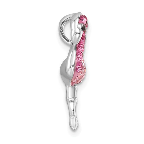 The Crystal Small Pink Flamingo Cry Pendant by Presco/Quality Gold features a sterling silver flamingo with pink gemstones, standing upright with a curved head, displayed on a white background in an elegant design.