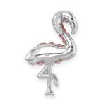 The Presco/Quality Gold Crystal Small Pink Flamingo Cry Pendant features a shiny sterling silver design with a slightly raised leg and subtle pink accents on the body and neck, displayed against a white background.