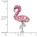 The Presco/Quality Gold Crystal Small Pink Flamingo Cry Pendant features sparkling pink stones encrusting the body and head. About 1 inch tall, the jeweled flamingo stands on one leg and is shown against a ruler grid for scale.