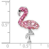 The Presco/Quality Gold Crystal Small Pink Flamingo Cry Pendant features sparkling pink stones encrusting the body and head. About 1 inch tall, the jeweled flamingo stands on one leg and is shown against a ruler grid for scale.