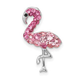The Crystal Small Pink Flamingo Cry Pendant by Presco/Quality Gold features sparkling pink gems, a black eye detail, and an elegant one-legged flamingo design—perfect for flamingo lovers.
