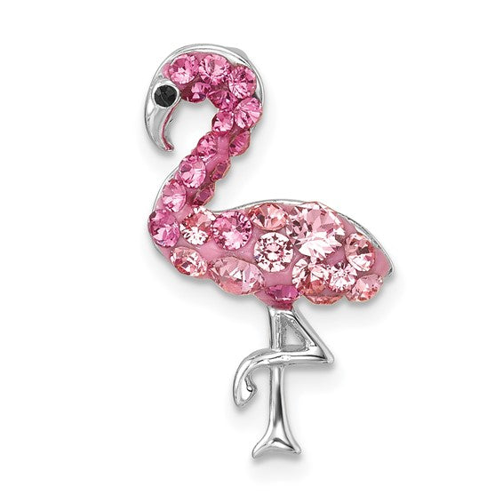 The Crystal Small Pink Flamingo Cry Pendant by Presco/Quality Gold features sparkling pink gems, a black eye detail, and an elegant one-legged flamingo design—perfect for flamingo lovers.