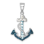 The Presco/Quality Gold Crystal Anchor/Rope/Cry Inlay Pendant features an anchor shape with blue, light blue, and clear crystals and twisted rope detailing—an elegant choice for any jewelry collection.