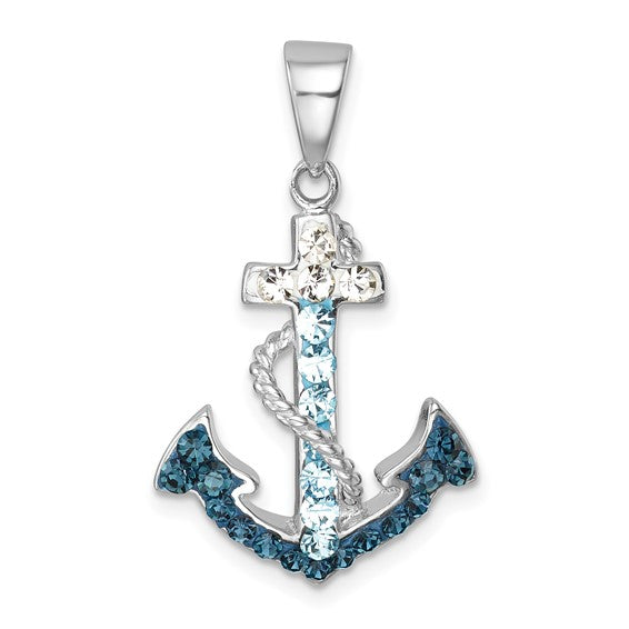 The Presco/Quality Gold Crystal Anchor/Rope/Cry Inlay Pendant features an anchor shape with blue, light blue, and clear crystals and twisted rope detailing—an elegant choice for any jewelry collection.