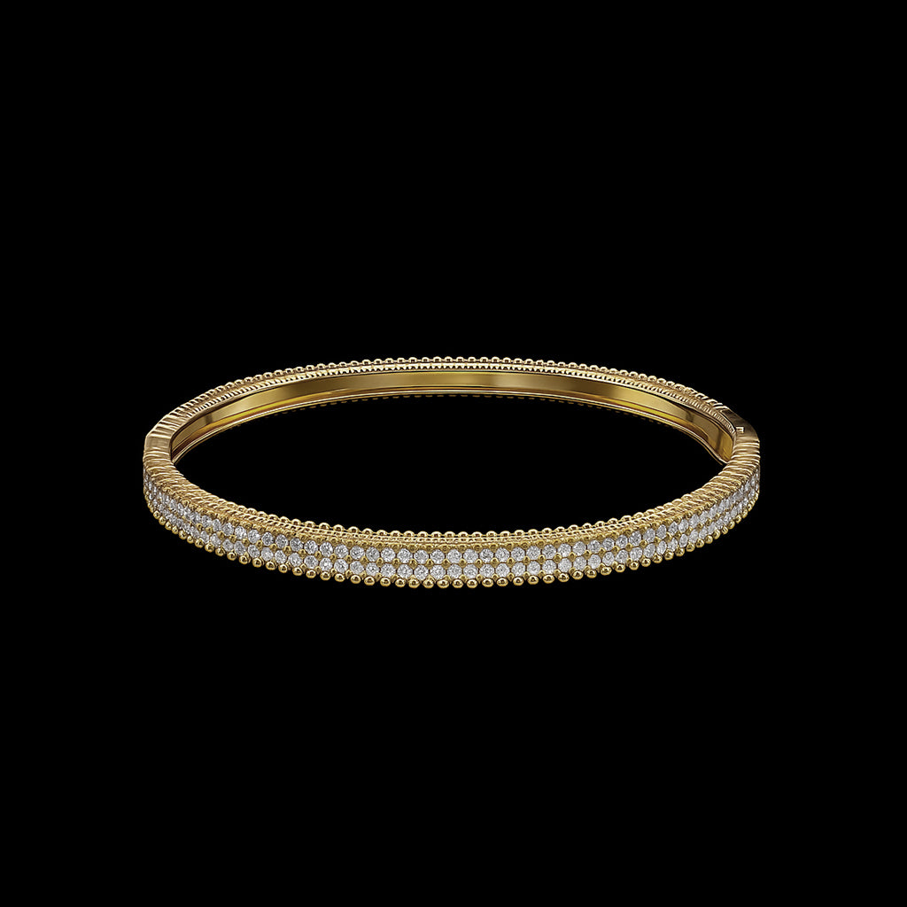 The Be-Je Designs Gold Pave Hinge Bangle Bracelet features three rows of sparkling diamonds in 14kt gold, offering everyday luxury and understated glamour, beautifully presented against a striking black background.