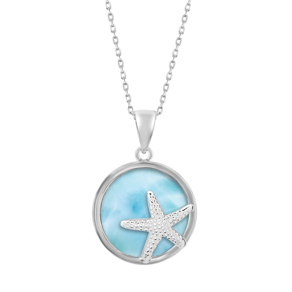 The Classic of New York Larimar Round Starfish Necklace (w/Chain) showcases a silver starfish overlay on a round Larimar stone, hanging elegantly from a delicate silver chain.