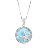 The Classic of New York Larimar Round Starfish Necklace (w/Chain) showcases a silver starfish overlay on a round Larimar stone, hanging elegantly from a delicate silver chain.