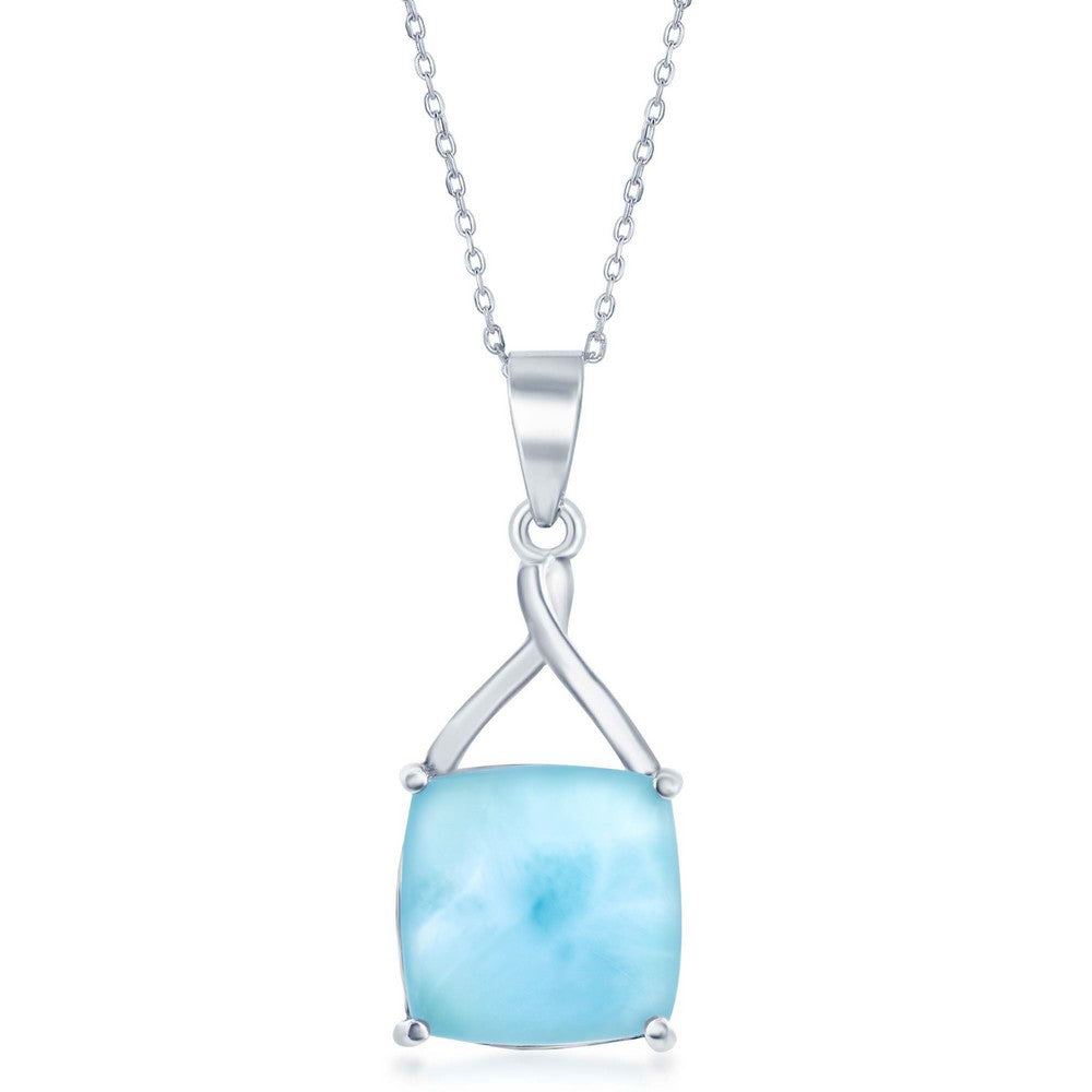 The Classic of New York Larimar Square 4 Prong Necklace features a delicate sterling silver chain, a light blue square-cut Larimar stone in four prongs, and an elegant twisted accent—perfect for any occasion.