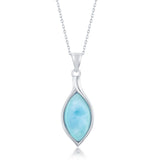 The Classic of New York Larimar Marquis Bezel Set Necklace features a marquise-shaped light blue larimar stone in a sleek silver setting, elegantly suspended from a delicate chain.