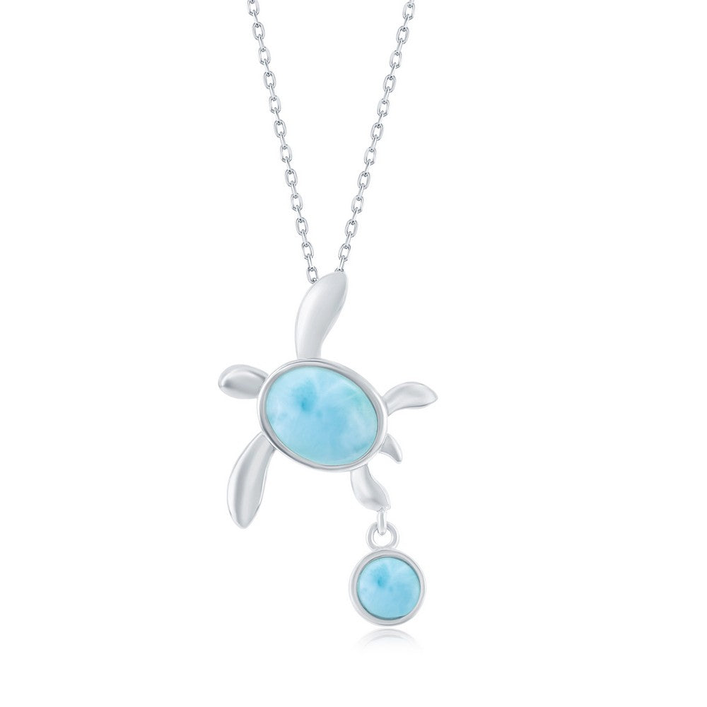 The Classic of New York Larimar Turtle w/Drop Necklace features a sea turtle pendant with a large oval turquoise-blue Larimar stone as the shell and a smaller matching stone for its flipper, set in sterling silver and includes the chain.