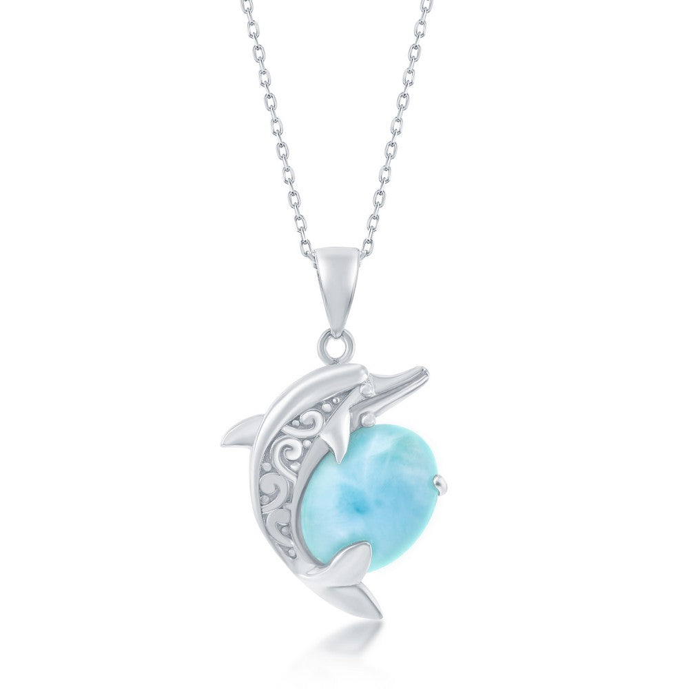 The Classic of New York Larimar Oval/Silver Scroll Dolphin Necklace features a dolphin-shaped design with intricate detailing and a light blue larimar gemstone, elegantly hanging from a rhodium plated chain.