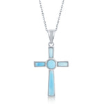 The Classic of New York Larimar Inset Cross Necklace (w/Chain) features a sterling silver cross pendant with light blue Larimar gemstones on each arm and at the center, shown against a white background.