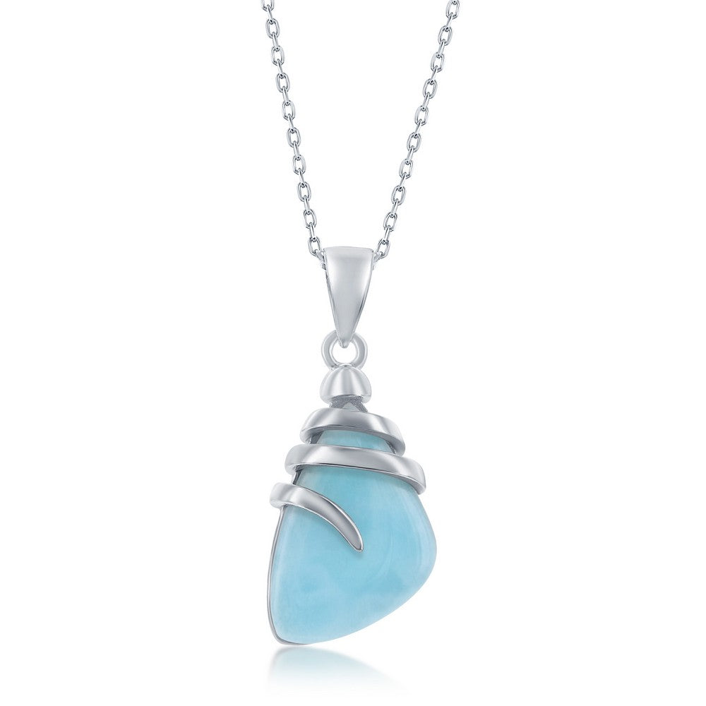 The Classic of New York Larimar Irregular Shape w/SS Top Wrap Necklace features a sterling silver chain and an irregular Larimar gemstone wrapped in silver, combining elegance with unique coastal charm.