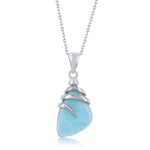 The Classic of New York Larimar Irregular Shape w/SS Top Wrap Necklace features a sterling silver chain and an irregular Larimar gemstone wrapped in silver, combining elegance with unique coastal charm.