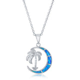 The Caribbean Opal Inlay Crescent Moon & Palm Tree Necklace w/Chain by Classic of New York features a sterling silver pendant with shimmering blue opal-like inlays—perfect for fans of Caribbean opal necklaces.