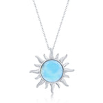 The Classic of New York Larimar Inset Sun Necklace (w/Chain) features a sterling silver sun-shaped pendant with wavy rays and a round, light blue Larimar gemstone at the center.